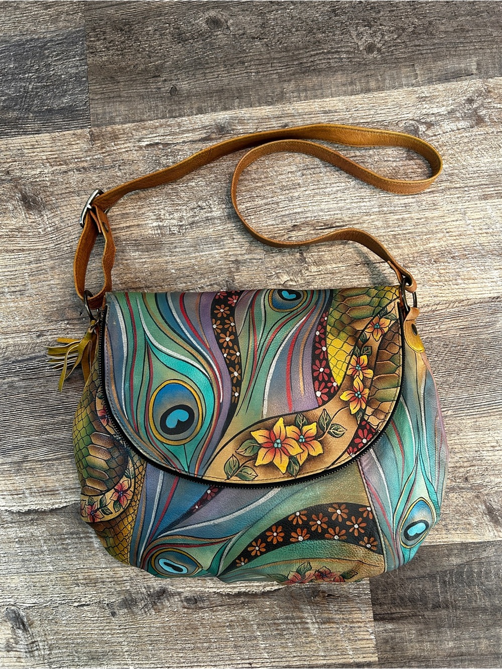 Anuschka Multicolor Peacock Feather Floral Leather Crossbody